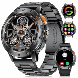 DREMAC Smartwatch Herren mit LED Taschenlampe 1,43'' Amoled-Smartwatch,120+ Sportmodi,530 mAh Akku,Fitnessuhr mit 24/7Herzfrequenz,SpO2,Schlafmonitor,IP68 Wasserdicht für Android iOS(2 Band) Schwarzer Edelstahl