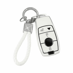 BLINGOOSE Autoschlüssel Hülle für Mercedes Benz AMG GLC GLE GLA GLB C300 GLS CLA CLS S G A E Klasse 4 Tasten Auto Schlüsselgehäuse Schutzhülle Cover Glitzer Schlüsselanhänger Zubehör Weiß Girly TPU Weiß-Stil 1