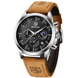 BY BENYAR Uhren Herren Chronograph Analog Quarz Wasserdicht Armbanduhr Herren Mode Lässig Business Herrenuhr mit Kalender Lederarmband/Edelstahlarmband Uhr Geschenk für Männer Brown-d