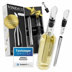 VINENCO Weinkühler Set DAS ORIGINAL, Flaschenkühler + Dekanter 5-in-1 Premium Wein Zubehör: Edelstahl Flaschen-Weinkühlstab + Dekantier-Belüfter + Ausgießer | Bar Geschenk Frauen Männer, Rot- Weißwein Set mit Einem Kühlstab