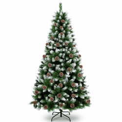 QLOFEI 180 cm künstlicher Weihnachtsbaum mit Schnee und 52 Kiefernzapfen (Ø ca. 85 cm) ca. 856 Spitzen, schwer entflammbarer Tannenbaum mit Schnellaufbau Klappsystem, inkl. Christbaum Ständer White 180 cm