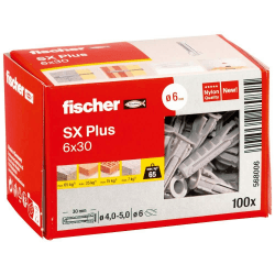 fischer Spreizdübel SX Plus 6 x 30, Schachtel mit 100 Nylondübeln, Dübel für optimalen Halt bei Befestigungen in Beton, Vollziegel, Porenbeton, Hochlochziegel uvm. 6 x 30 NEU SX Plus Spreizdübel Faltschachtel