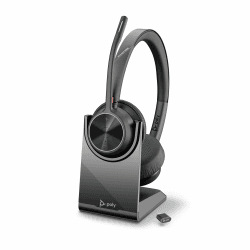 Schnurloses Poly Voyager 4320 UC-Headset und Ladestation – Stereo-Kopfhörer mit Noise Cancelling-Mikrofonarm – Verbindung mit PC/Mac/Mobiltelefon über Bluetooth – Kompatibel mit Teams, Zoom & mehr Standard 2024 Version (USB-C & USB-A)