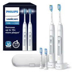 Philips Sonicare ExpertClean 7300 elektrische Zahnbürste, Schallzahnbürste mit App, 3 Putzmodi und 3 Intensitätsstufen, Drucksensor, Reiseetui, Silber-Weiß, 2er-Pack, Modell HX9611/19 Weiß & Weiß