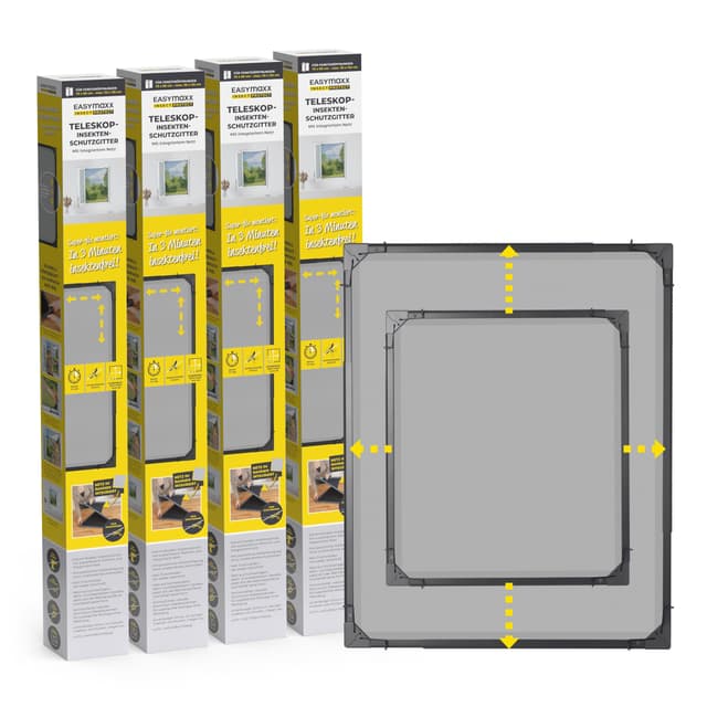 EASYmaxx Insect Protect | Teleskop-Insektenschutzgitter | Fliegengitter Fenster | mit vormontierten Rahmen | ausziehbarer Insektenschutz | integriertes Netz | anthrazit | 4er-Set 4 Stück Anthrazit
