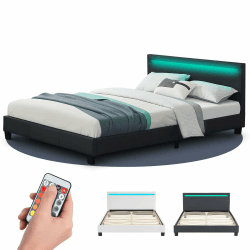 Juskys Polsterbett Paris 140x200 cm mit LED Beleuchtung, Lattenrost & Kopfteil - Kunstleder & Holz - schwarz - Bett Jugendbett Bettgestell Schwarz 140 x 200 cm