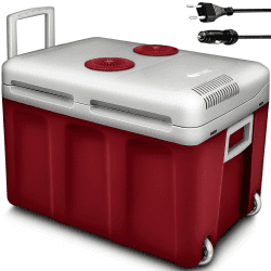 tillvex Kühlbox elektrisch 40L mit Rollen | Mini-Kühlschrank 230 V und 12 V für KFZ Auto Camping | kühlt & wärmt | ECO-Modus (Rot)