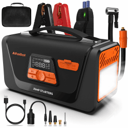 AlfaBot Q4 Starthilfe Powerbank, 4000A Spitzenstrom Booster Auto Starthilfe für 12V Diesel und Benzinmotoren, Jumpstarter mit Luftkompressor, LED-Licht, Starthilfekabel