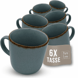 Steingut Kaffeetassen 6 Pers. Rustic Hochwertiges Landhausstil TEST SEHR GUT Tassen Set, Spülmaschinen-, Mikrowellen- und Kratzfest - Stylisches Tee- und Kaffeebecher Set - Pure Living in Rauchblau Becher (6x) Rauchblau