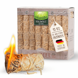 Heumüller Holzwolle Premium Holzwolle-Anzünder 10 kg (ca. 800 Stück) | Öko-Anzünder aus Holzwolle & Wachs | Lange Brenndauer & geruchsneutral | Ideal für Kamin, Grill & Feuerstellen