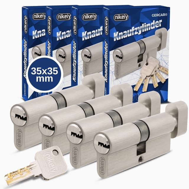 GERCAR Pro Knaufzylinder 35/35 Massiver Schließzylinder gleichschließend mit Knauf - 4er Set Zylinderschloss aus Messing Matt Vernickelt - inkl. 10x Wendeschlüssel - Länge: 70 mm, A:35 B:35-4x 70 mm 35/35 Knaufzylinder Pro 4er Set (Gleichschließend)