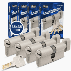 GERCAR Pro Knaufzylinder 35/35 Massiver Schließzylinder gleichschließend mit Knauf - 4er Set Zylinderschloss aus Messing Matt Vernickelt - inkl. 10x Wendeschlüssel - Länge: 70 mm, A:35 B:35-4x 70 mm 35/35 Knaufzylinder Pro 4er Set (Gleichschließend)