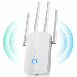 WLAN Verstärker, 1200Mbit/s WLAN Repeater, 5G&2.4G Dualband Ultraxtender WiFi Verstärker mit LAN anschluss, WPS, Kompatibel mit 99% Standard-WiFi Routern, Deckt bis zu 9200Sq.ft und 35 Geräte ab WeiB