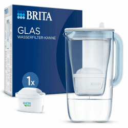 BRITA Wasserfilter Kanne Glas hellblau (2,5l) inkl. 1 MAXTRA PRO All-in-1 Kartusche – Premium Design Kanne aus Glas, robust & leicht / reduziert Kalk, Chlor, Pestizide, Metalle wie Blei & Kupfer 1er Pack