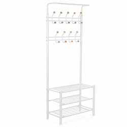 SONGMICS Garderobenständer Kleiderständer Rohrdurchmesser 32 mm mit 3 schuhablagen mit 18 Haken aus Metall, weiß, HSR04W, 68.8 x 35.2 x 187 cm (W x D x H) Weiß Einzelbett: