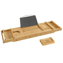 SONGMICS ausziehbare Badewannenablage aus Bambus verstellbares Badewannenbrett Badewannen Ablagen, mit Getränkehalter, Buchstütze, Seifenhalter 75-109 x 4,5 x 23 cm (B x H x T) BCB88Y Natur
