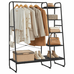 VASAGLE Kleiderständer, Garderobenständer, 45 x 120 x 160 cm Garderobe, Kleiderstange, Schuhablage, offener Kleiderschrank, 6 Haken abnehmbar, Schlafzimmer Flur, ebenholzschwarz-mattschwarz RGR116B02 Ebenholzschwarz + Mattschwarz