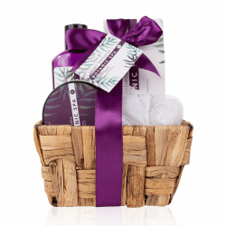 Accentra – Badeset Frauen Botanic SPA im Seegraskorb – 4-teiliges Pflegeset mit Duschgel, Badesalz, Bodylotion & Netzschwamm – Wellness Geschenkset zum Geburtstag, Valentinstag & Weihnachten Lila