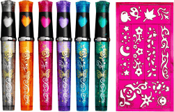 Panduro Tattoo Stifte Kinder Tattoo-6er Set Glitter Tattoo Stifte Kinder Hautfreundlich mit 1 Schablone mit unterschiedlichem Muster– Perfekt für Mädchen, Geburtstagsfeiern, Karneval und Weihnachten