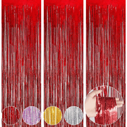OFFCUP Lametta Vorhang, 3pcs Metallische Glitzervorhang Fringe, Tinsel Folie Vorhang Folienfransen Vorhang, Glitzer Folien Fransen Lametta Vorhänge Folie Hintergrund für Geburtstag Party/Hochzeit(Rot)
