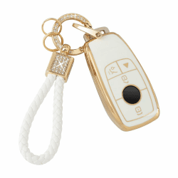 BLINGOOSE Schlüssel Hülle für Mercedes Benz 4 Tasten Glitzer Schlüsselanhänger Auto Schlüsselgehäuse Schlüsseletui Schutz Cover für Benz AMG GLC GLE GLA GLB C300 GLS CLA CLS S G A E Klasse Weiß TPU Weiß-Stil 2