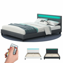 Juskys Polsterbett Paris 140x200 cm mit LED Beleuchtung, Lattenrost & Kopfteil - Kunstleder & Holz - grau - Bett Jugendbett Bettgestell Dunkelgrau 140 x 200 cm