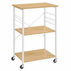 VASAGLE Küchenregal auf Rollen, Servierwagen mit 3 Ebenen, Küchenwagen, Mikrowellen-Regal, für Mini-Backofen, Toaster, Metallrahmen, mit 6 Haken, 40 x 60 x 89 cm, goldeichenfarben-wolkenweiß KKS060Y09 Goldeichenfarben + Wolkenweiß 60B cm
