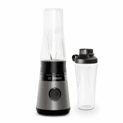 Bosch Mini-Standmixer VitaPower Serie 2 MMB2111S, Highspeed-Mixer, bis zu 40.000 rpm, Tritan ToGo-Flasche 0,6 L, Trinkdeckel, bruchsicher,spülmasch.geeignete Teile, 450W, Silber/schwarz Schwarz Single