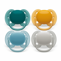 Philips Avent ultra soft Schnuller - 4er Pack, BPA-freier, extra weicher Schnuller für Babys von 6-18 Monaten, inklusive Transport- und Sterilisationsbox, Sortiert (orange/blau/grau) 4er-Pack orange/blau