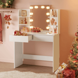 WOLTU Schminktisch mit LED-Beleuchtung Hollywood, Einstellbarer Helligkeit, Kosmetiktisch mit Spiegel, Make-up Tisch mit 2 Schubladen und 4 offene Ablagen, für Schlafzimmer, Holz, Weiß MB6096ws Mit Glühbirnen