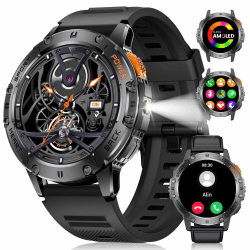 DREMAC Smartwatch Herren mit Taschenlampe, 1,43-Zoll-AMOLED-Smartwatch mit 530 mAh, Bluetooth-Anrufen, Schlafüberwachung, Schrittzähler, Sport-Silikon-Schwarze Smartwatch Android iOS Schwarzes Silikon