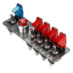 Jtron DC12V Hochklappbares Zündschalterfeld, 5-in-1-Auto-Motorstart-Druckknopf-LED-Kippschalter für Rennsport-Wettkampfwagen(4 Rot 1 Blau)