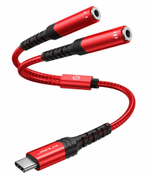 JSAUX USB C Klinke Kopfhörer Splitter Aux Adapter [28CM] USB C auf Dual 3.5mm Klinke Splitter Audio Y Kabel kompatibel mit iPhone 16/15 Pro Max Plus, Huawei P40, Galaxy S24 S23 S22 Ultra, Pixel-Rot