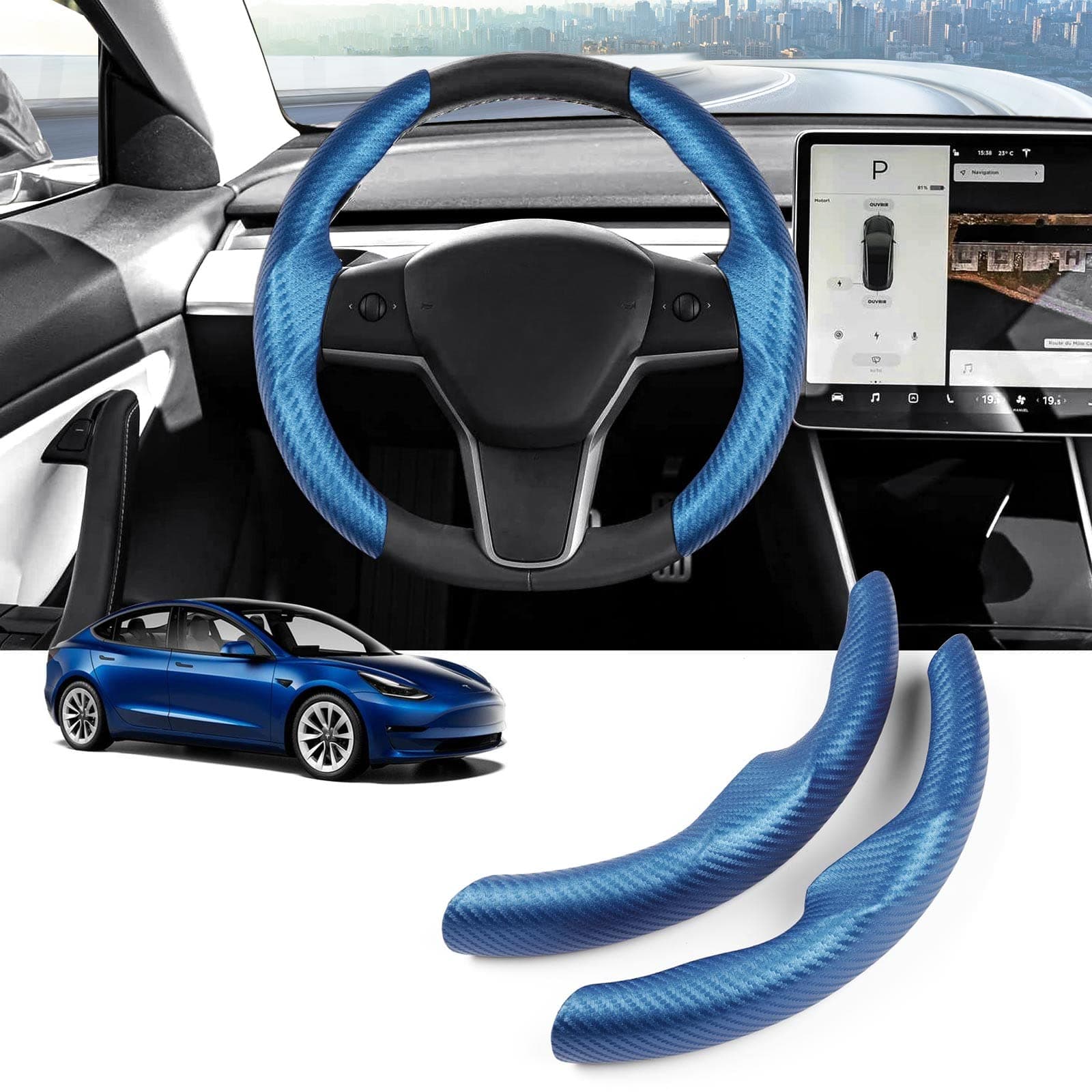 CARERSTEN Lenkradabdeckung Kohlefaser-Lenkradhülle Allwetterschutz Lenkradbezug Kompatibel mit Tesla Model 3 2017-2023 und Model Y 2020-2023 Lenkrad Abdeckung Steering Lenkradschoner 2 Stücke Blau