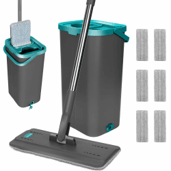 Masthome Wischmopp Set mit Eimer, Putzeimer mit Flachmopp und 6 Mikrofaser Wischpads, Edelstahl Griff Bodenwischer mit Auswringfunktion für Bodenreinigung, Holzböden, Laminat, Fliesen, Grau+Grün Wischmopp Set（Blau）