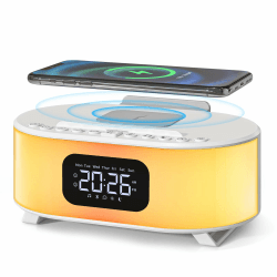 Jugendcx Wecker Digital mit Ladestation, 18W Kabelloses Schnell-Ladegerät mit Adapter und Kabel, Digitaler Wecker mit Licht, Bluetooth Speaker 5.0,Snooze,Dual Alarms,12 Natural Soun für Frauen,Männer Weiß