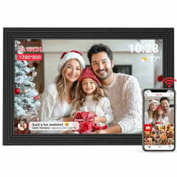 OBVHNUA 10.1 Zoll Digitaler Bilderrahmen WiFi Elektronischer Bilderrahmen 1280x800 HD IPS Touchscreen mit Automatischer Drehung Wetter Uhr Temperatur Fotos teilen Videos über Frameo App