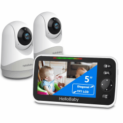 HelloBaby Video-Baby-Monitor, 5-Zoll-Split-Screen mit Dual-Kameras, Fernsteuerung Kameras mit Nachtsicht und Temperaturüberwachung, ECO-Modus, Zwei-Wege-Gespräch HB6250-2