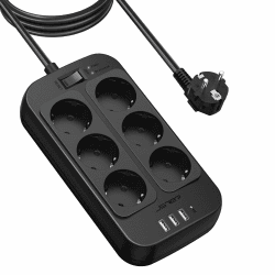Steckdosenleiste Überspannungsschutz 6 Fach, JSVER Mehrfachsteckdose 3680W 16A mit 3 USB A und 1 USB C Steckerleiste mit Schalter, Wandmontage Verteilersteckdose für Zuhause Büro, 3M-Schwarz 3M Schwarz-6 fach