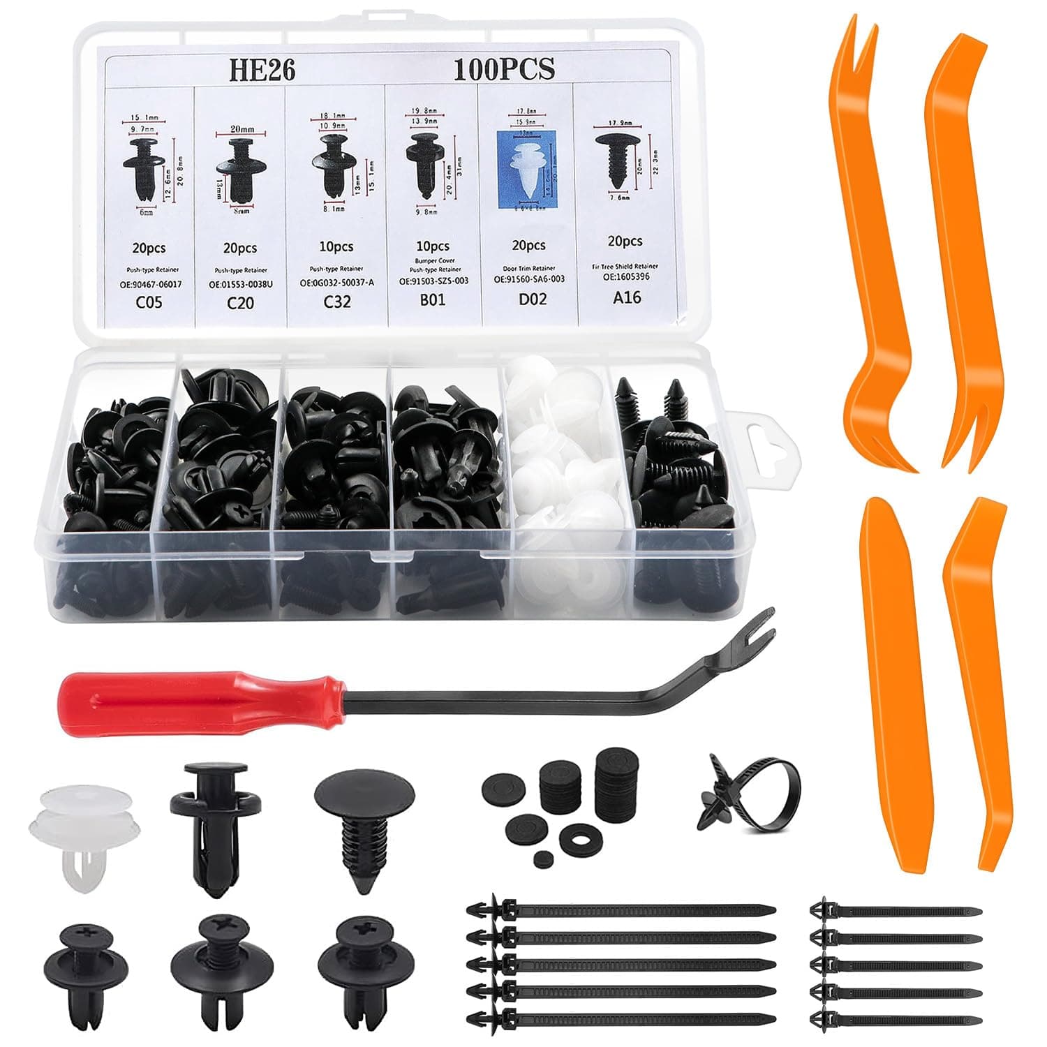Befestigungsclips Auto Befestigung Clips Set, 135tlg Auto Demontage Werkzeuge Set, mit 6 Arten Kunststoff Spreiznieten Karosserie Clips, Innen-Verkleidung Hebelwerkzeug, Kfz Zubehör