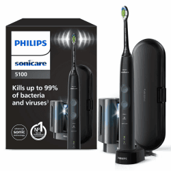 Philips Sonicare ProtectiveClean 5100 elektrische Zahnbürste, Schallzahnbürste mit 3 Putzmodi, Drucksensor, Timer, Reiseetui, UV-Reinigungsgerät, Schwarz, Modell HX6850/57 Handle & Sanitizer