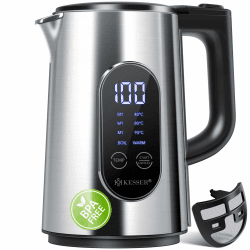 KESSER® Wasserkocher Edelstahl 1.5 Liter | LED-Anzeige | 4-Modi Temperatureinstellung 40°C-100°C | 30min Warmhalten | elektrischer Teekocher 2200W BPA-Frei | Kalkfilter & Easy-Open-Deckel, Silber