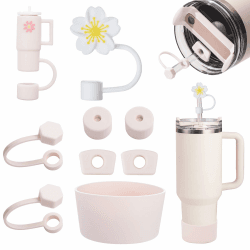 FOSFUKEER Stanley Cup-Zubehörset, enthält 6 auslaufsichere Silikonstopfen,2 Stück Strohdeckel, 1 Silikonhülle für Stanley Cup 1,2 l- und 850 ml-Becher,Cups nicht enthalten (Rose Quartz)