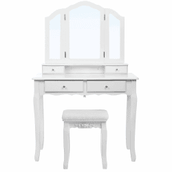 SONGMICS Schminktisch 3 Spiegel mit Hocker u. 4 Schubladen inkl, 2 Stück Unterteiler, Kippsicherung, weiß, RDT07W 90x40 centimeters Drei Spiegel - vier Schubladen