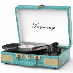 Trynnay Plattenspieler Schallplattenspieler 3-Gang-Bluetooth, tragbarer Koffer-Vinyl-Player mit integrierten Lautsprechern, Plattenspieler, verbesserter Audio-Sound, Gewachstes Leder Retro Blau