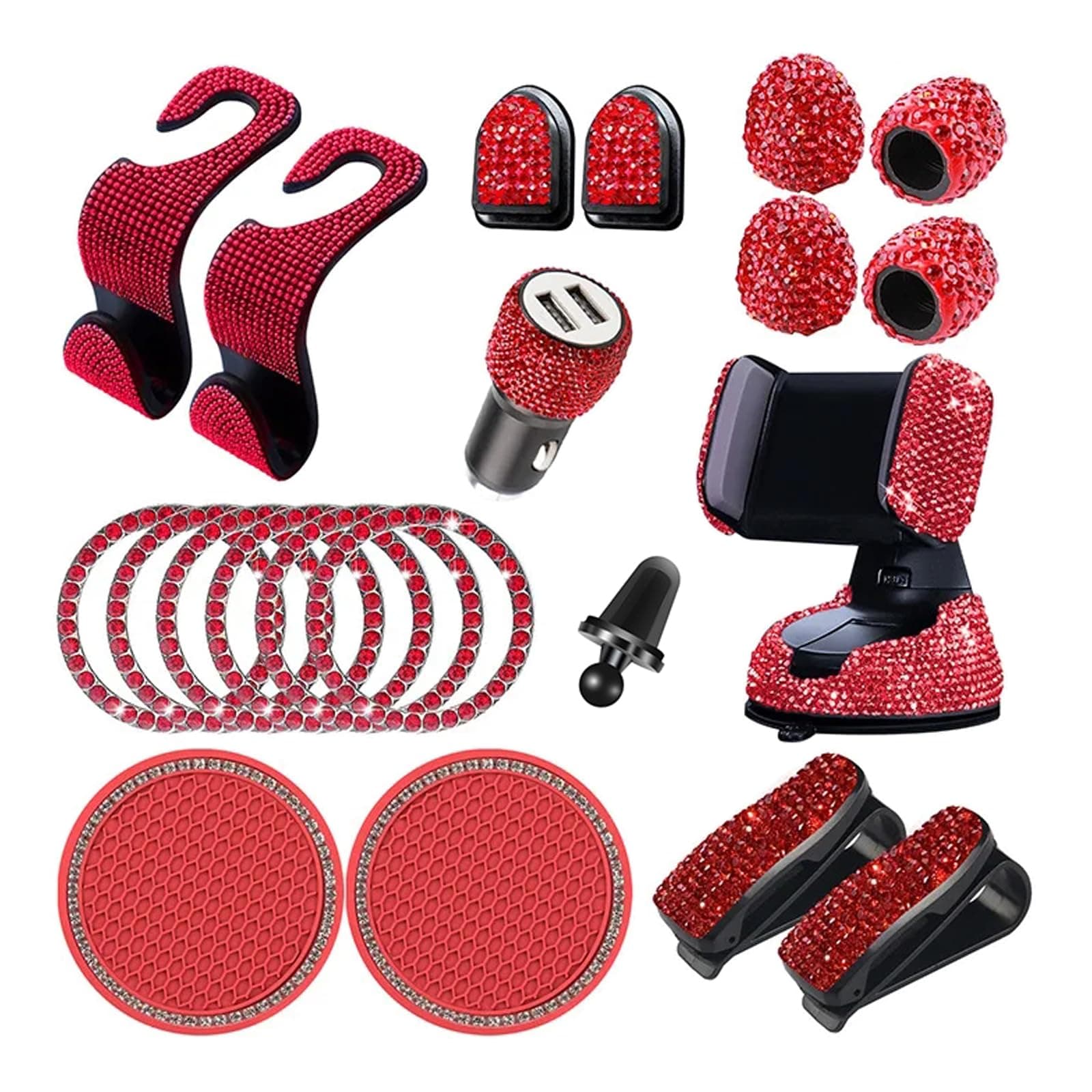 hifrom 20 Stück Bling Auto Zubehör Innenraum Frauen Glitzer, Bling Autozubehör Bling Car Accessories Brillenhalter für Frauen, Bling Handyhalterung, Bling Zündring, Bling Auto Haken Rot