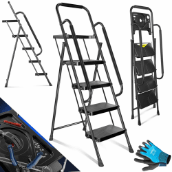 MASKO® Trittleiter Klappleiter 4 Stufen-Leiter mit Handläufen Stufenleiter belastbar bis 150 kg Tritthocker Anti-Rutsch | Klapptritt Leiter + Handschuhe Werkzeugablage & automatisches Schloss, Schwarz 4 Stufen mit Handläufen Schwarz
