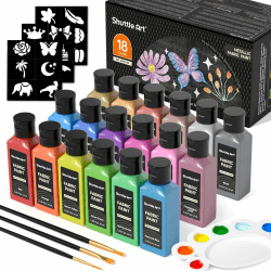 Shuttle Art 18 Metallic Textilfarben waschmaschinenfest, waschfeste Stoffmalfarben in Flaschen, je 60 ml, mit Pinseln, Vorlagen, Stofffarben für Kinder auf T-Shirt, Schuhe, Jeans, Tasche, Kleidung 18 Metallic Farben