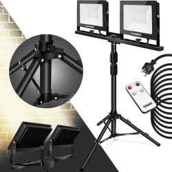 MASKO® LED Baustrahler mit Stativ Fernbedienung 100W Doppel 2x 50W Strahler 6500K Arbeitsleuchte Arbeitsscheinwerfer 5m Bauscheinwerfer Baustellenlampe innen außen höhenverstellbar bis max. 202cm 2x50W Schwarz