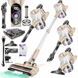 KESSER® Akku-Staubsauger 2in1 | Handstaubsauger ohne Beutel mit HEPA-Filter | Akkusauger bis 45 Min. Laufzeit + Fugendüse & Staubbürste | LED-Licht XL Staubbehälter für Hartböden Teppich Tierhaare Champagne / Weiß